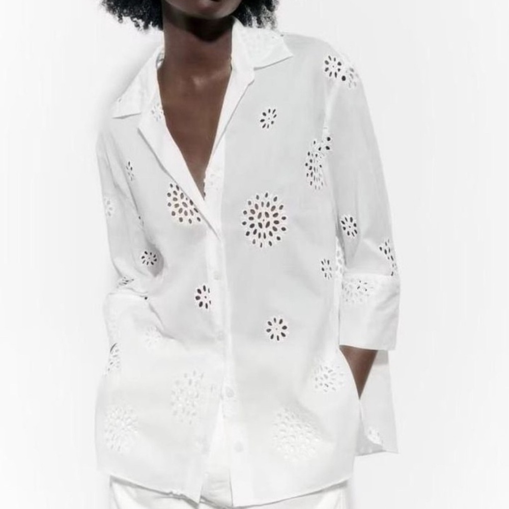 Zara Women's White Eyelet Button Down Shirt